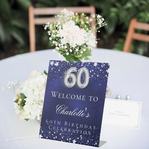 60th Birthday blue silver stars welcome party Pedestal Sign