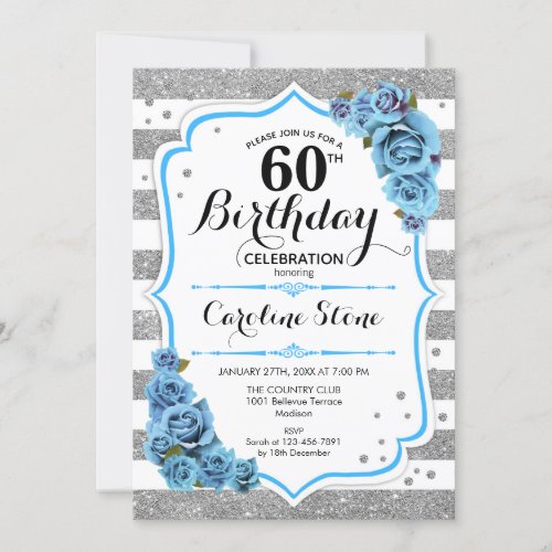 60th Birthday _ Blue Silver White Stripes Invitation