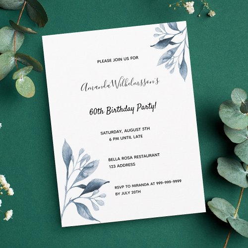 60th birthday blue white botanical invitation postcard