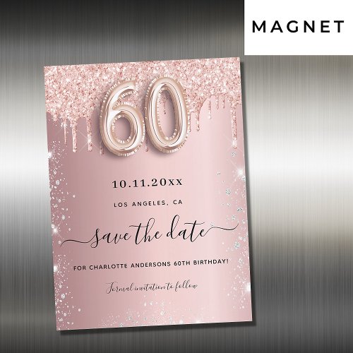 60th birthday blush glitter save the date magnet
