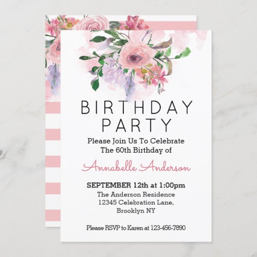 60th Birthday Blush Pink Floral Watercolor Stripes Invitation