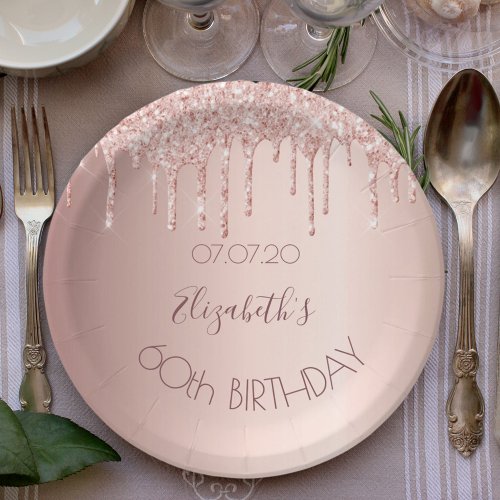 60th birthday blush rose gold glitter drips name paper plates
