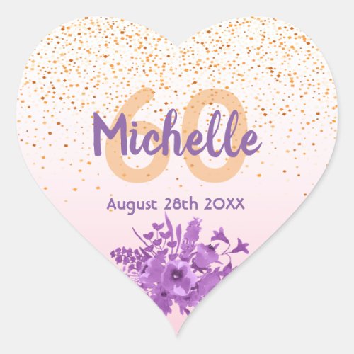 60th birthday blush rose gold purple floral heart sticker