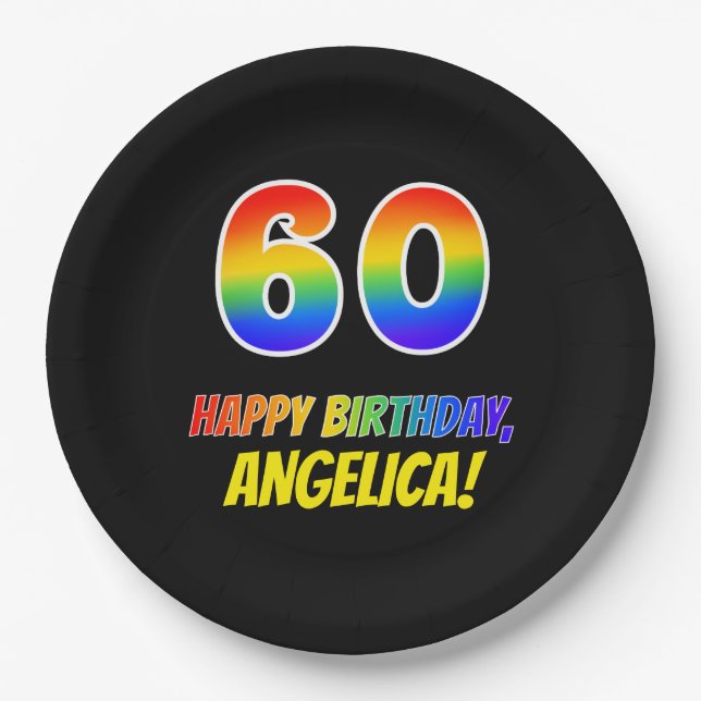 60th Birthday: Bold, Fun, Simple, Rainbow 60 Paper Plates (Front)