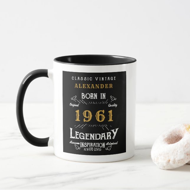 60th Birthday Born 1961 Retro Black Personalized Mug (With Donut)