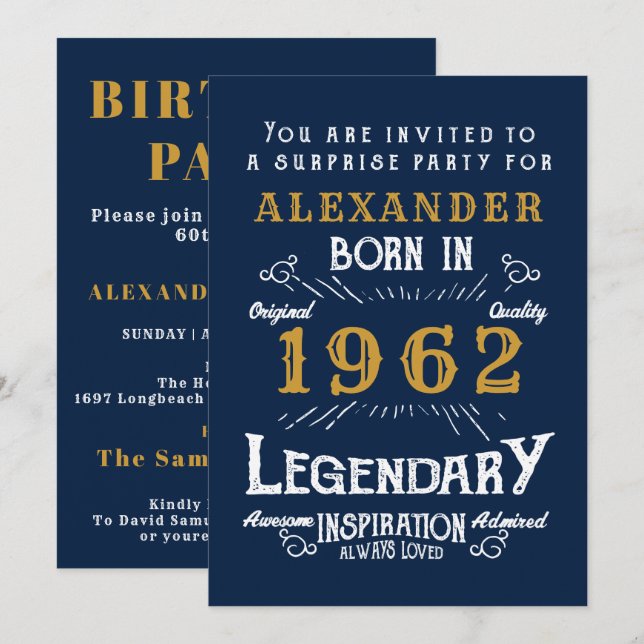 60th Birthday Born 1962 Blue Gold Retro Invitation (Front/Back)