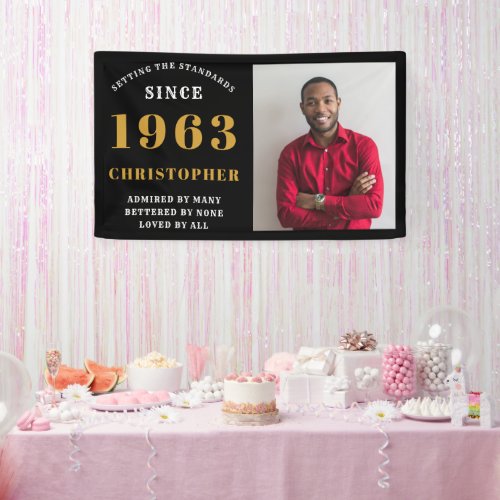 60th Birthday Born 1963 Add Name Black Gold Photo Banner