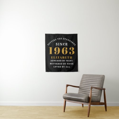 60th Birthday Born 1963 Add Name Black Gold Tapestry