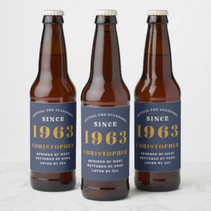 60th Birthday Born 1963 Add Name Blue Gold Beer Bottle Label