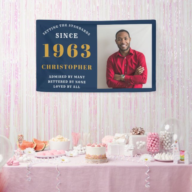 60th Birthday Born 1963 Add Name Blue Gold Photo Banner (Party)