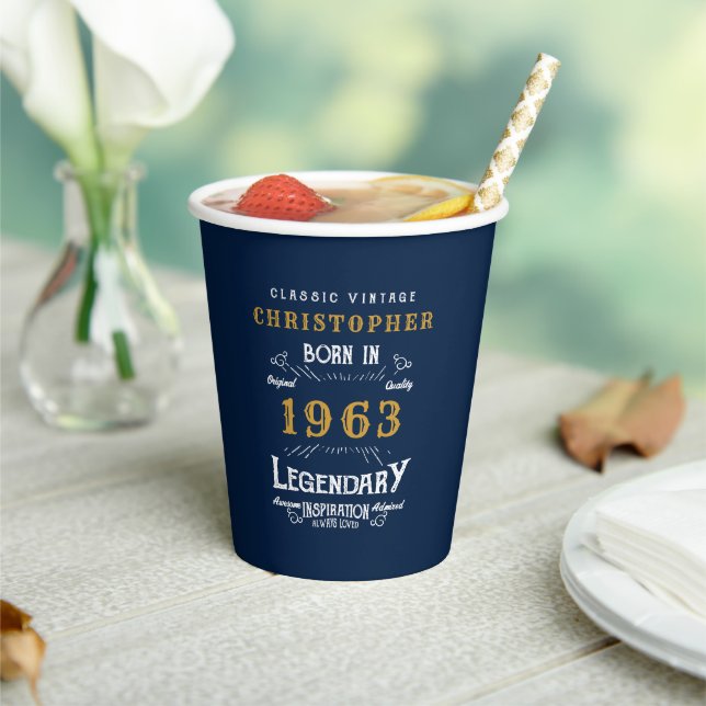 60th Birthday Born 1963 Add Name Legend Blue Gold Paper Cups (Insitu)