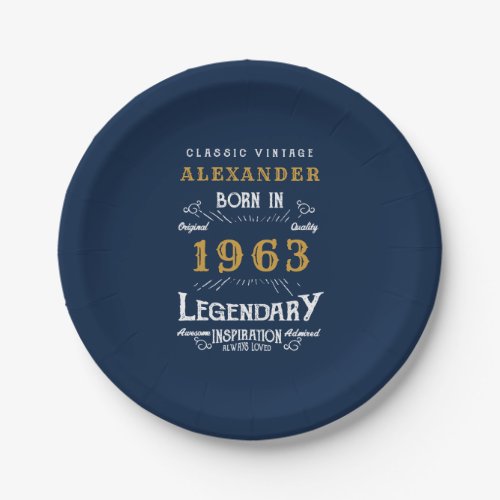 60th Birthday born 1963 Add Name Legend Blue Gold Paper Plates