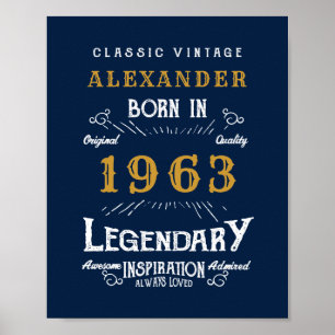 60th Birthday Born 1963 Add Name Legend Blue Gold Poster