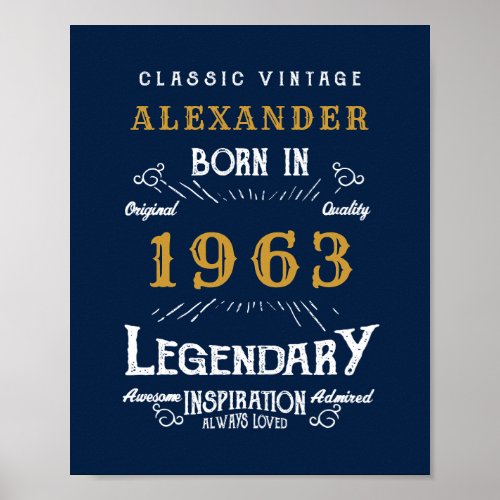 60th Birthday Born 1963 Add Name Legend Blue Gold Poster