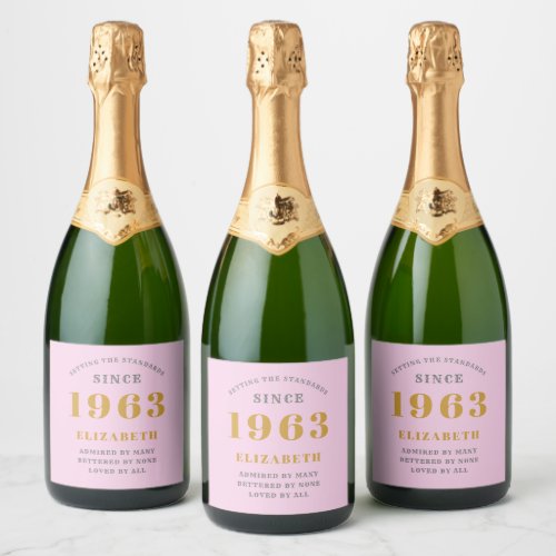 60th Birthday Born 1963 Add Name Pink Gray  Sparkling Wine Label