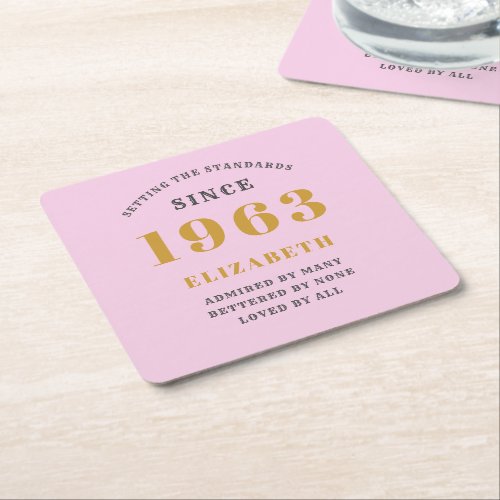 60th Birthday Born 1963 Add Name Pink Gray Square Paper Coaster