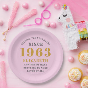 60th Birthday Born 1963 Add Name Pink Grey Paper Plates