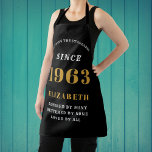 60th Birthday Born 1963 Black Gold Lady's Apron<br><div class="desc">Celebrate a 60th birthday in style with this unique and special black and gold apron! This custom apron is personalized with the recipient's name and year of birth, making it a one-of-a-kind gift they will cherish forever. The special black and gold design is perfect for the special lady's 60th milestone...</div>