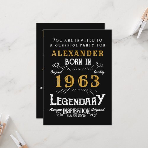 60th Birthday Born 1963 Black Gold Retro Invitation