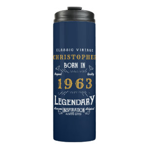 60th Birthday Born 1963 Legend Blue Gold Add Name Thermal Tumbler