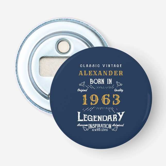 60th Birthday Born 1963 Legend Blue Gold Retro Bottle Opener (Front)