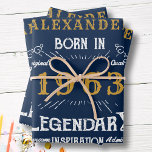 60th Birthday Born 1963 Vintage Blue Gold Legend Wrapping Paper Sheets<br><div class="desc">A personalized classic wrapping paper for that special birthday. Add the name to this vintage retro style blue, white and gold design for a custom birthday gift. Easily edit the name and year with the template provided. A wonderful custom blue birthday gift. More gifts and party supplies for that party...</div>