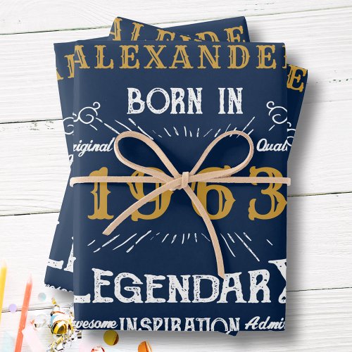 60th Birthday Born 1963 Vintage Blue Gold Legend Wrapping Paper Sheets