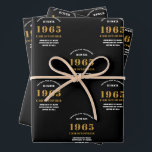60th Birthday born 1965 Add Name Black Gold Wrapping Paper Sheets<br><div class="desc">A personalized wrapping paper design for that birthday celebration for a special person. Add the name to this vintage retro style black and gold design for a custom birthday gift. Easily edit the name and year with the template provided. A wonderful custom birthday gift. More gifts and party supplies for...</div>