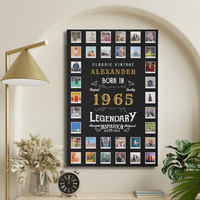 60th Birthday born 1965 Family Photos Collage Faux Canvas Print (60th birthday custom photo canvas template.)