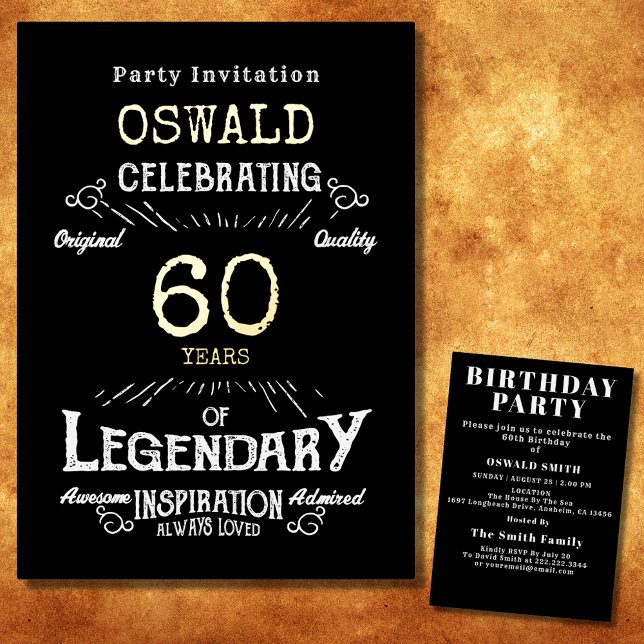 60th Birthday Born Legendary Black Gold Retro Foil Invitation (For those celebrating their 60th birthday we have the ideal birthday party invitation)