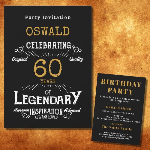 60th Birthday Born Legendary Black Gold Retro Invitation