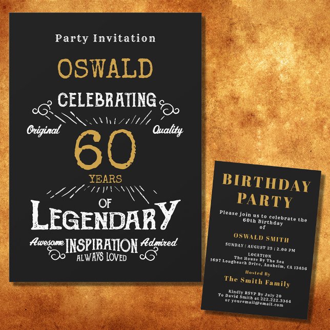 60th Birthday Born Legendary Black Gold Retro Invitation (For those celebrating their 60th birthday we have the ideal birthday party invitation)