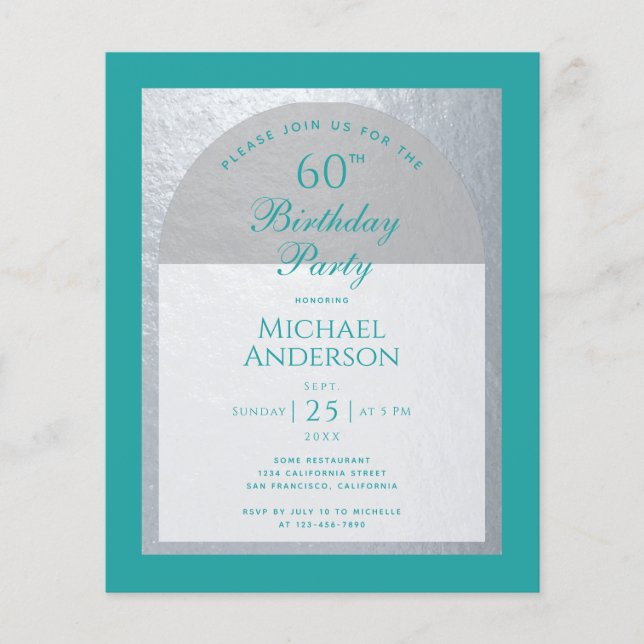 60th Birthday Budget Silver Teal Blue Invitation (Front)