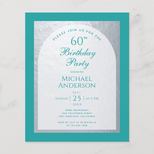 60th Birthday Budget Silver Teal Blue Invitation