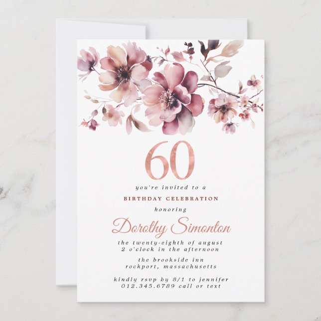 60th Birthday Burgundy Dusty Blush Pink Floral Invitation (Front)