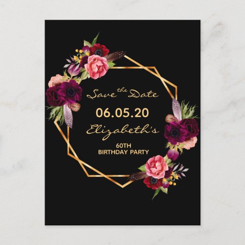 60th birthday burgundy floral black Save the Date Postcard