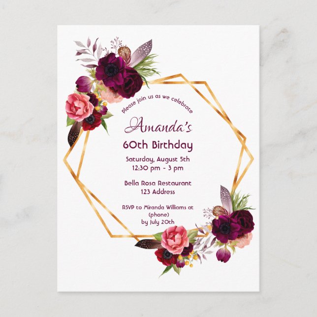 60th birthday burgundy floral gold invitation postcard (Front)