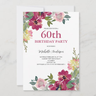 60th Birthday Burgundy Floral Watercolor Invitation