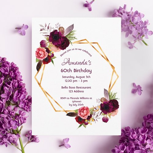 60th birthday burgundy floral white invitation postcard