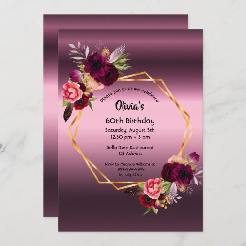 60th birthday burgundy florals purple geometric invitation