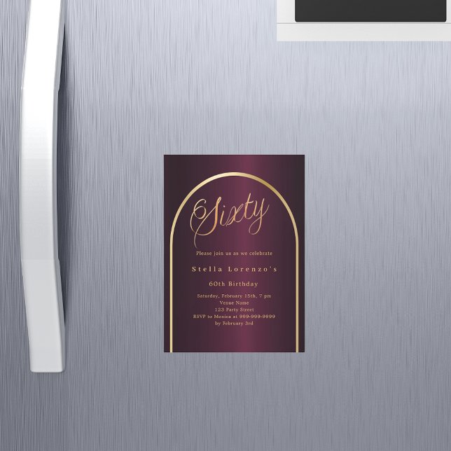 60th birthday burgundy gold arch script luxury magnetic invitation (Creator Uploaded)