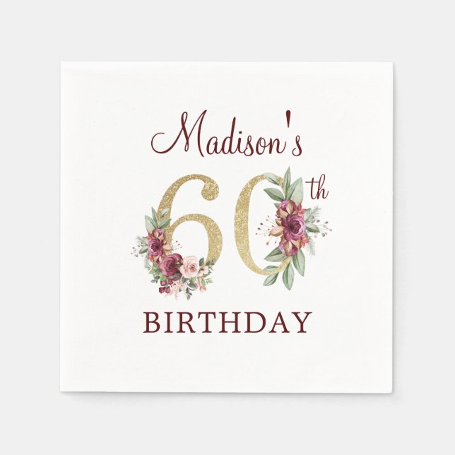 60th Birthday Burgundy Gold Personalized Napkins (Front)