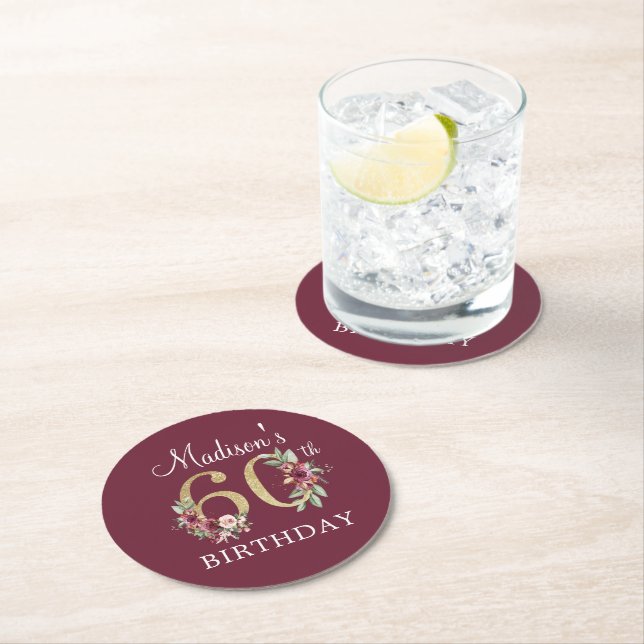 60th Birthday Burgundy Gold Personalized Round Round Paper Coaster (Insitu)