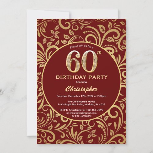 60th Birthday Burgundy Red and Gold Floral Pattern Invitation
