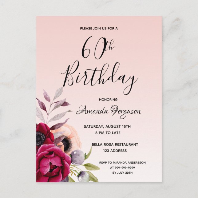 60th birthday burgundy rose gold floral invitation postcard (Front)