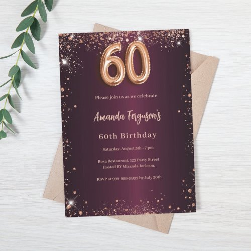 60th birthday burgundy rose gold glitter invitation