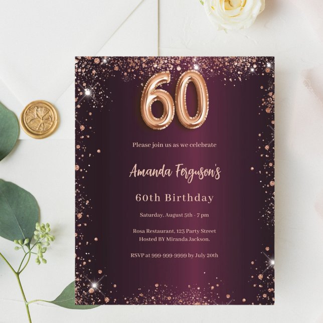 60th birthday burgundy rose gold invitation (Creator Uploaded)