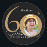 60th Birthday Calligraphy Gold Black Elegant Photo Classic Round Sticker<br><div class="desc">60th Birthday Calligraphy Gold Black Elegant Photo Classic Round Sticker. And elegantly designed special birthday celebration design,  featuring a custom photo of birthday person and script calligraphy with vintage flourish elements. Simple enough to fit a variety of themes and colors!
Need help? Simply contact me!</div>