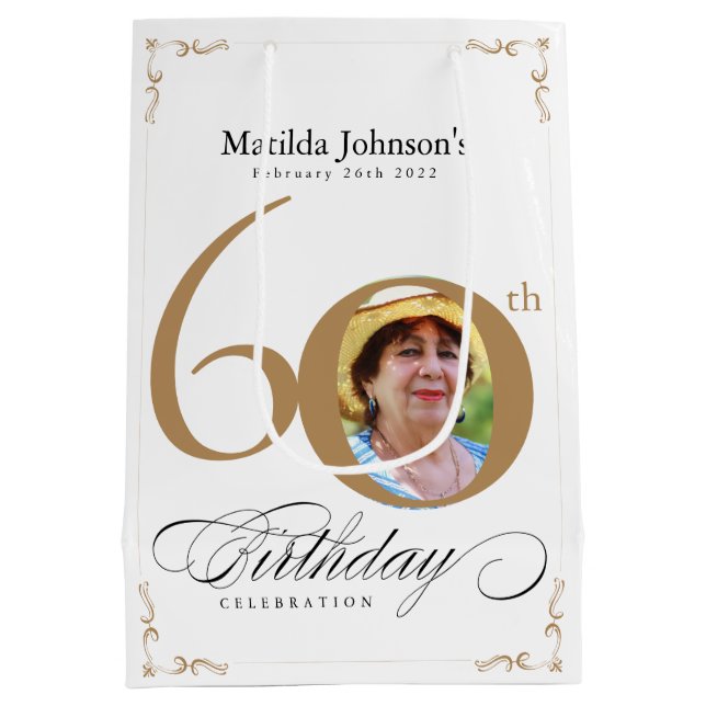 60th Birthday Calligraphy Script Gold White Photo Medium Gift Bag (Back)