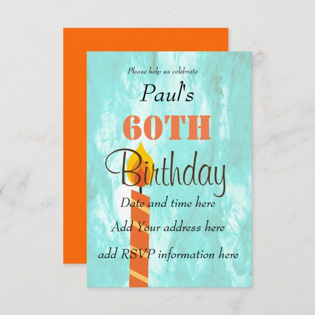 60th Birthday Candle Blue Orange Party Invitation (Front/Back)